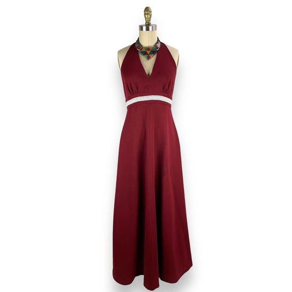 1960s custom made A-line halter maroon hippie dress with matching cropped jacket - Picture 13 of 16